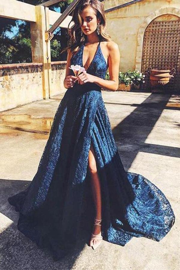 Spaghetti Straps V Neck Lace Prom Dress with Split Side Backless Long Formal Dresses BD22060