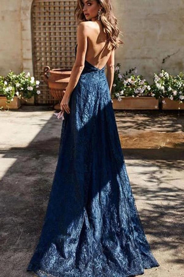 Spaghetti Straps V Neck Lace Prom Dress with Split Side Backless Long Formal Dresses BD22060