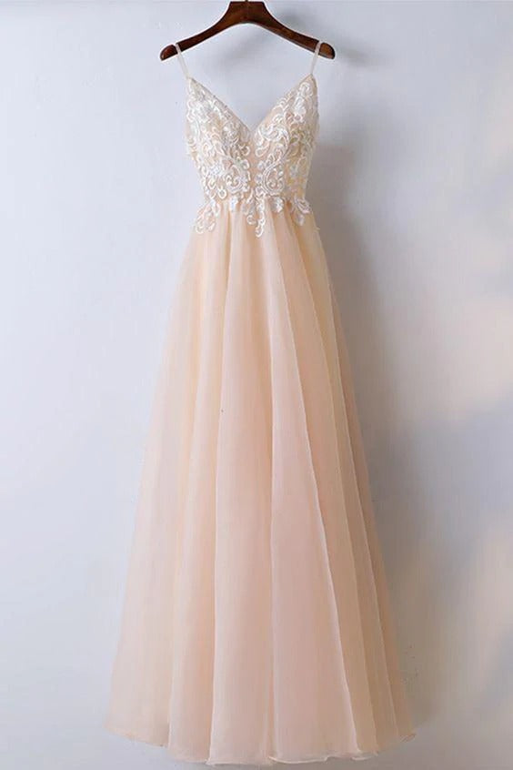Spaghetti Straps V Neck Tulle With Appliques Prom Dresses Long Cheap Formal Dress BD22058