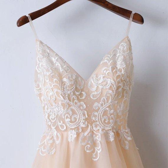 Spaghetti Straps V Neck Tulle With Appliques Prom Dresses Long Cheap Formal Dress BD22058