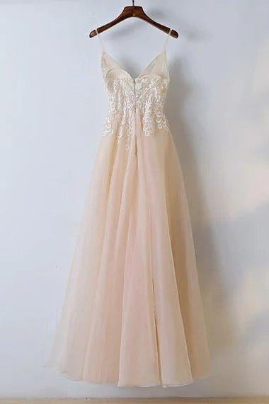 Spaghetti Straps V Neck Tulle With Appliques Prom Dresses Long Cheap Formal Dress BD22058