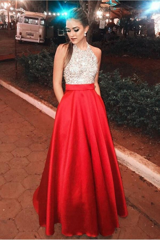 Sparkly Open Back Halter Beading Red Long Prom Dresses with Pockets Party Dresses BD22055