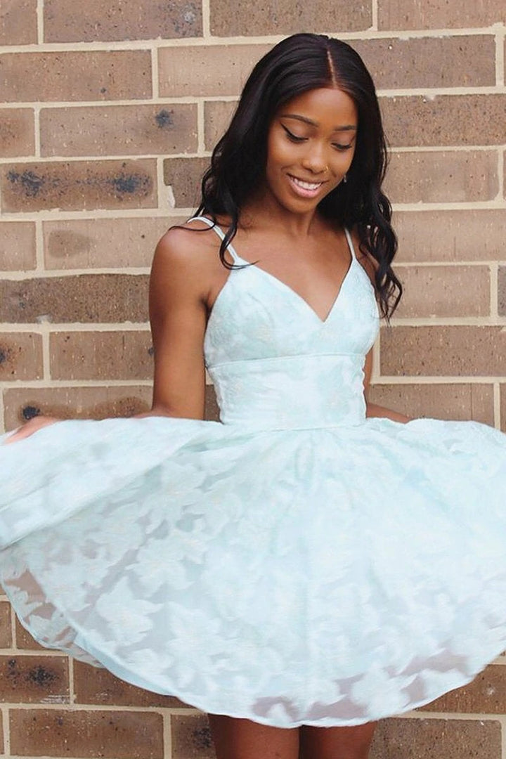 Straps A-line Short Blue V Neck Homecoming Dress Lace Appliques Backless Prom Dresses,BD22051