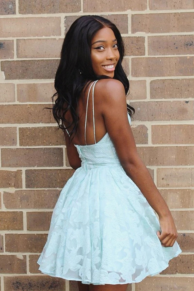 Straps A-line Short Blue V Neck Homecoming Dress Lace Appliques Backless Prom Dresses,BD22051