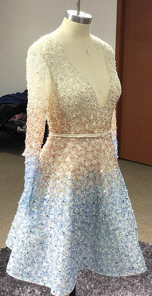 Sequins Long Sleeve V Neck Homecoming Dresses Short Prom Dresses,BD22050