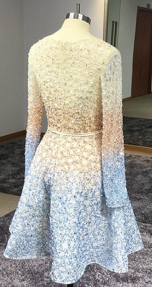 Sequins Long Sleeve V Neck Homecoming Dresses Short Prom Dresses,BD22050