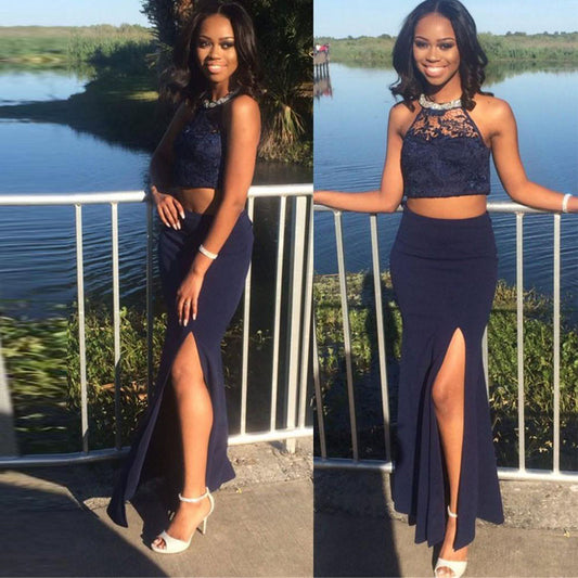 Two Pieces Prom Dresses,Halter Summer Beach Prom Dress,Leg Slit Prom Dresses,Sexy Prom Dress,Navy Blue Prom Dresses,PD00213