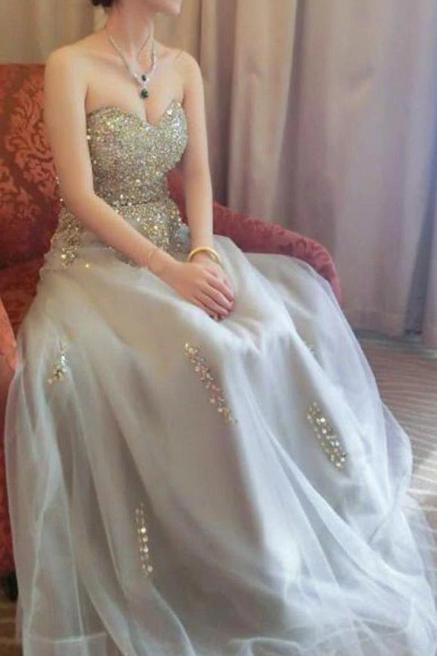 Sweetheart A line Beads Strapless Grey Tulle Lace up Prom Dresses Party Dresses,BD22048