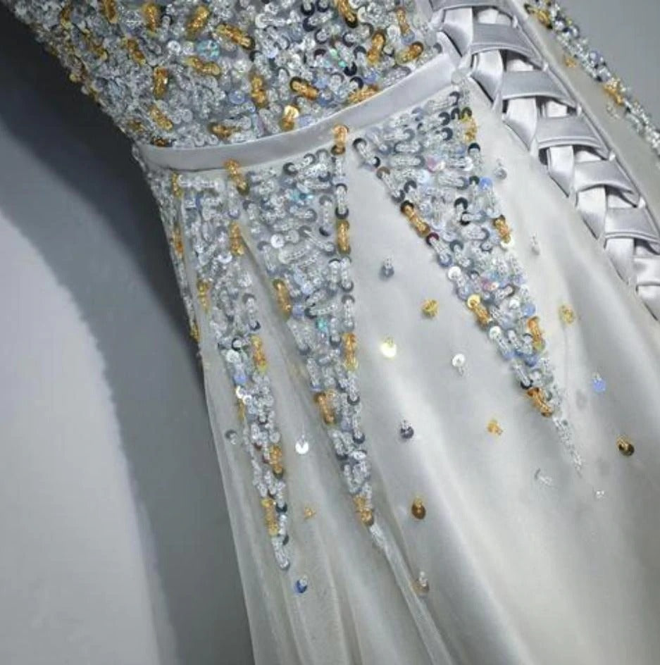 Sweetheart A line Beads Strapless Grey Tulle Lace up Prom Dresses Party Dresses,BD22048
