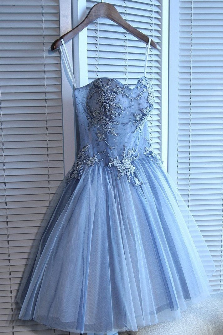 Sweetheart Strapless Homecoming Dresses Beads Blue Lace up Tulle Short Prom Dresses,BD22046