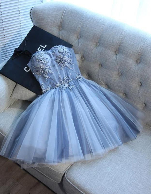 Sweetheart Strapless Homecoming Dresses Beads Blue Lace up Tulle Short Prom Dresses,BD22046