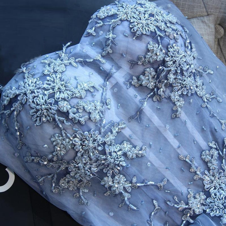 Sweetheart Strapless Homecoming Dresses Beads Blue Lace up Tulle Short Prom Dresses,BD22046