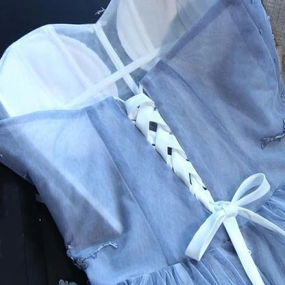 Sweetheart Strapless Homecoming Dresses Beads Blue Lace up Tulle Short Prom Dresses,BD22046