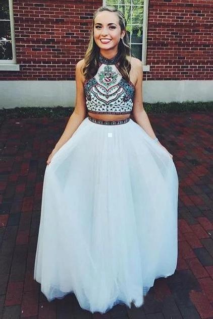 Elegant Two Piece Halter Embroidered Boho Prom Dresses White A Line Long Formal Dresses,BD22040