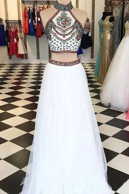 Elegant Two Piece Halter Embroidered Boho Prom Dresses White A Line Long Formal Dresses,BD22040