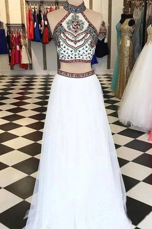 Elegant Two Piece Halter Embroidered Boho Prom Dresses White A Line Long Formal Dresses,BD22040