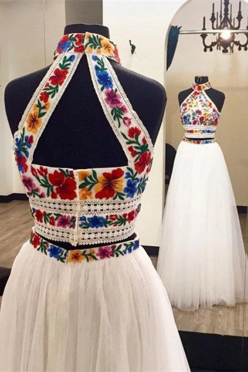 Two Pieces Embroidery Prom Dresses Unique Halter Open Back Formal Dress with Tulle ,BD22039