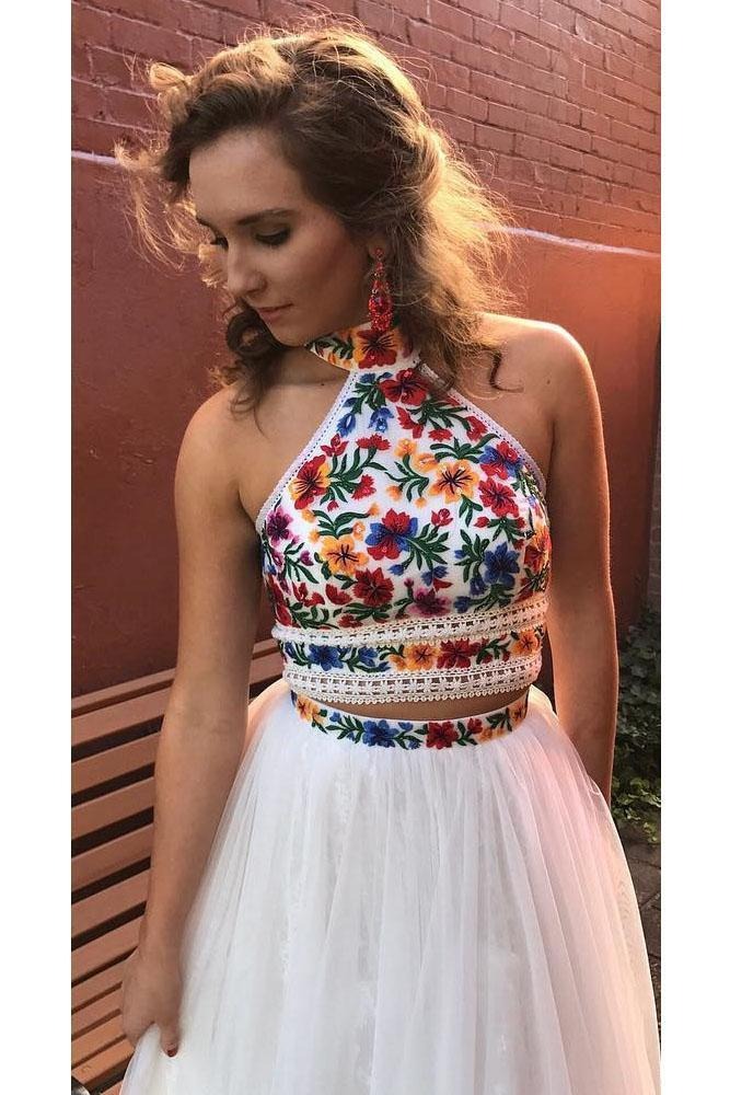 Two Pieces Embroidery Prom Dresses Unique Halter Open Back Formal Dress with Tulle ,BD22039