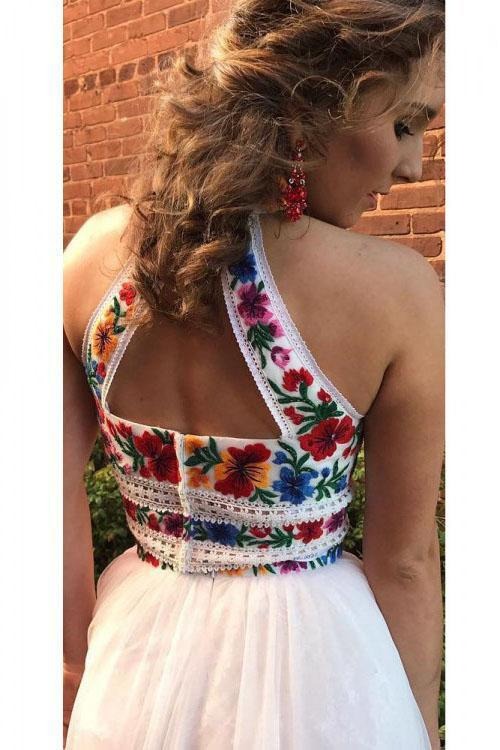 Two Pieces Embroidery Prom Dresses Unique Halter Open Back Formal Dress with Tulle ,BD22039