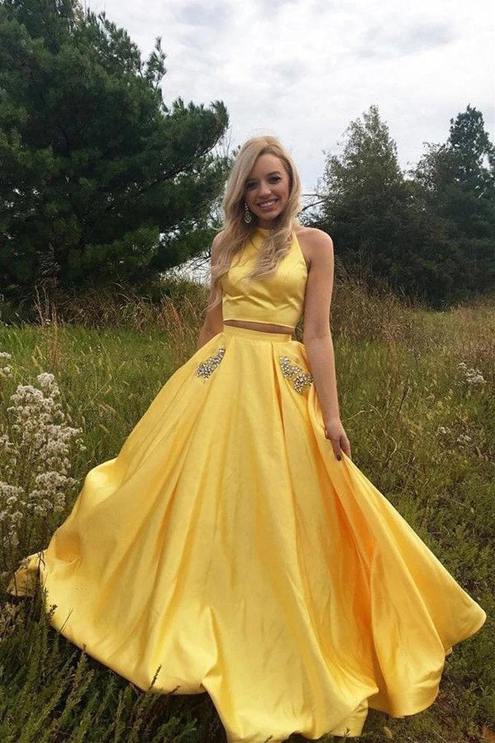 Two Pieces Halter Open Back Yellow Prom Dresses Beads Evening Dresses with Pockets,BD22038