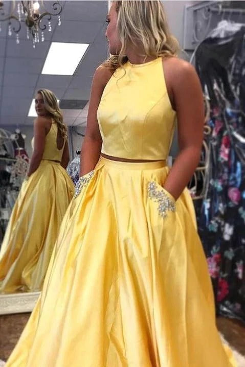 Two Pieces Halter Open Back Yellow Prom Dresses Beads Evening Dresses with Pockets,BD22038