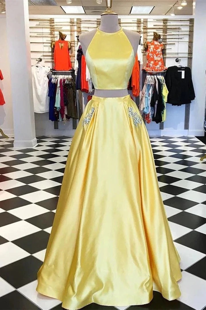 Two Pieces Halter Open Back Yellow Prom Dresses Beads Evening Dresses with Pockets,BD22038