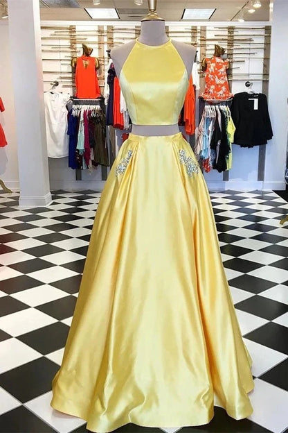 Two Pieces Halter Open Back Yellow Prom Dresses Beads Evening Dresses with Pockets,BD22038