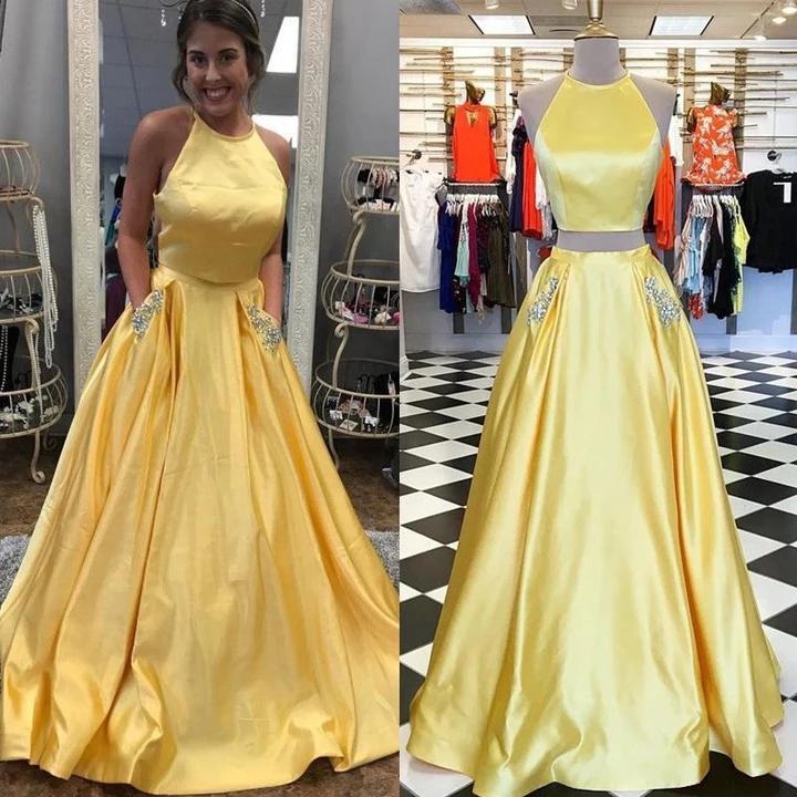 Two Pieces Halter Open Back Yellow Prom Dresses Beads Evening Dresses with Pockets,BD22038