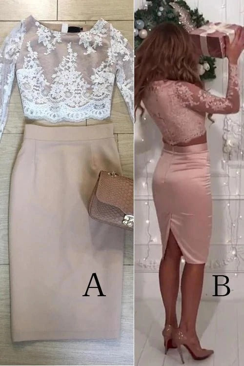 Two Pieces Long Sleeve Lace Knee Length Homecoming Dresses Sheath Short Prom Dress,BD22037