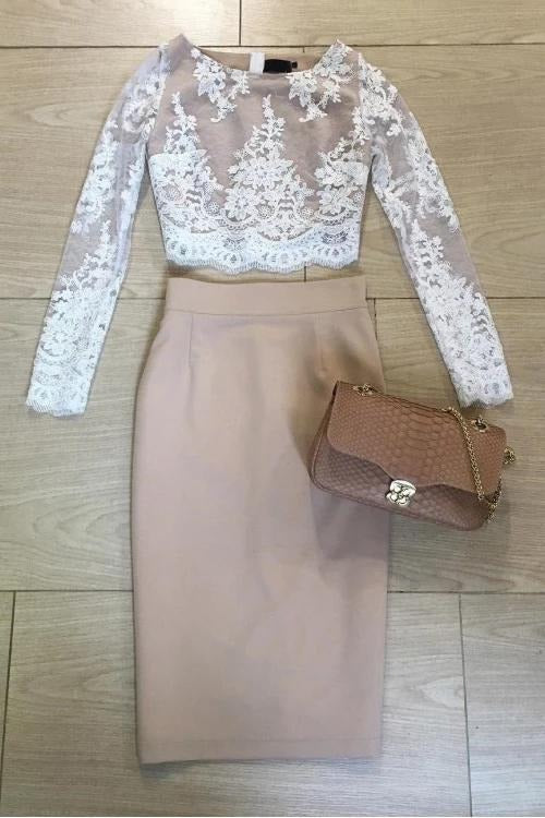 Two Pieces Long Sleeve Lace Knee Length Homecoming Dresses Sheath Short Prom Dress,BD22037