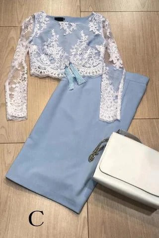 Two Pieces Long Sleeve Lace Knee Length Homecoming Dresses Sheath Short Prom Dress,BD22037