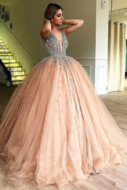 Ball Gown V Neck Sleeveless Beading Tulle Prom Dresses Quinceanera Dress ,BD22031