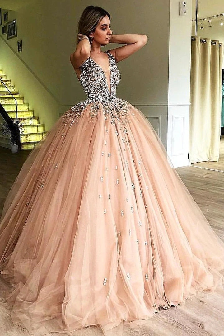 Ball Gown V Neck Sleeveless Beading Tulle Prom Dresses Quinceanera Dress ,BD22031