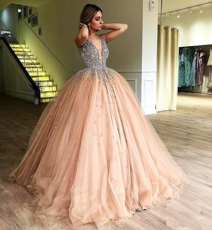 Ball Gown V Neck Sleeveless Beading Tulle Prom Dresses Quinceanera Dress ,BD22031