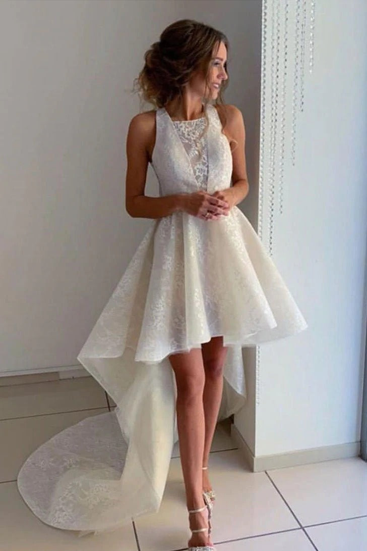 Ivory Halter High Low Homecoming Dresses with Lace Short Prom Dresses,BD22029