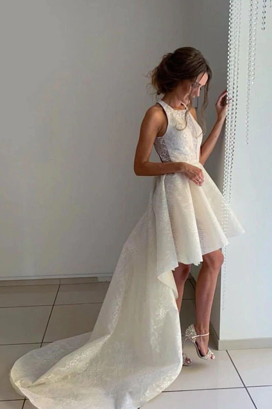 Ivory Halter High Low Homecoming Dresses with Lace Short Prom Dresses,BD22029
