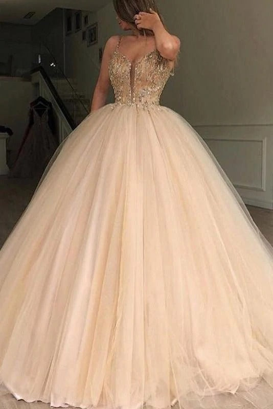 Unique Spaghetti Straps V Neck Beads Ball Gown Tulle Prom Dresses Quinceanera Dresses,BD22026