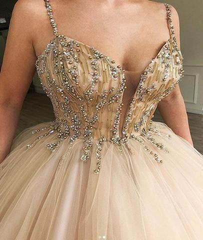 Unique Spaghetti Straps V Neck Beads Ball Gown Tulle Prom Dresses Quinceanera Dresses,BD22026