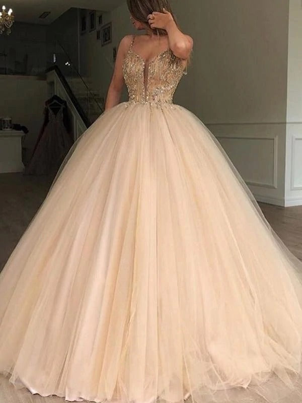 Unique Spaghetti Straps V Neck Beads Ball Gown Tulle Prom Dresses Quinceanera Dresses,BD22026