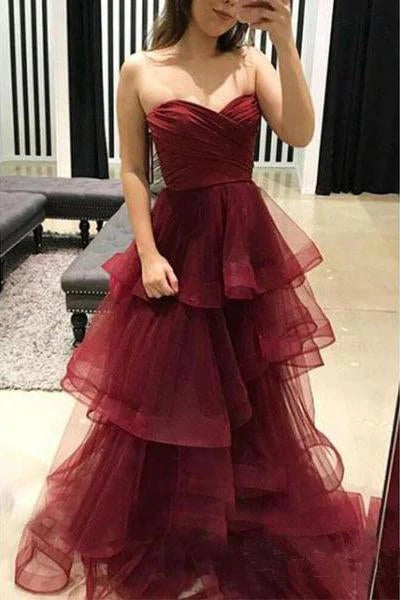 Sweetheart Burgundy Ruffles Organza Layered Skirt Prom Dresses,BD22025