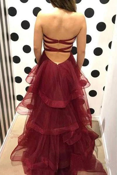 Sweetheart Burgundy Ruffles Organza Layered Skirt Prom Dresses,BD22025