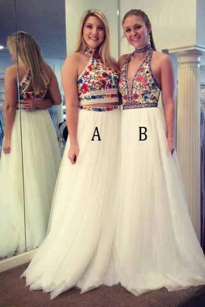 Two Pieces Embroidery High Neck Open Back Tulle Prom Dresses Evening Dresses,BD22023