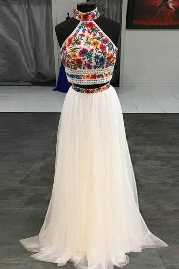 Two Pieces Embroidery High Neck Open Back Tulle Prom Dresses Evening Dresses,BD22023