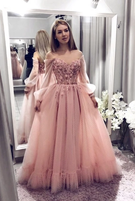 off shoulder light pink tulle princess long prom dress, HO236