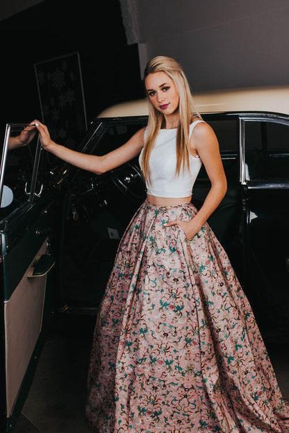 A Line Two Piece Floral Print Beautiful Prom Dresses With Pockets Evening Dresses,BD22018