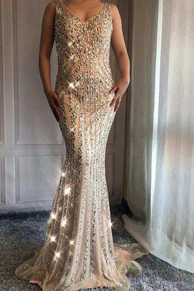 V Neck Long Mermaid Rhinestone Beaded Luxury Prom Dresses Backless Party Dresses,BD22022