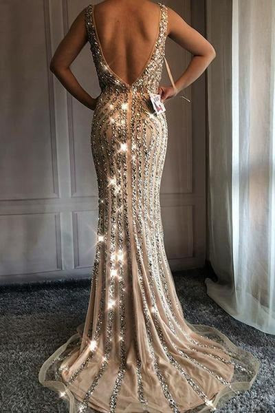 V Neck Long Mermaid Rhinestone Beaded Luxury Prom Dresses Backless Party Dresses,BD22022