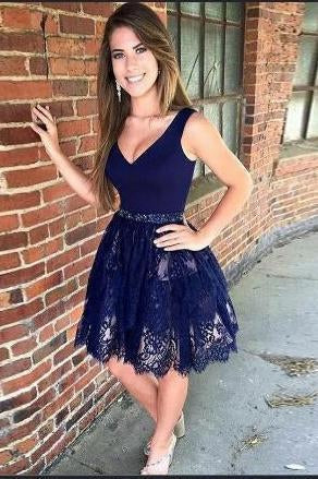V Neck Navy Blue Straps Beads Lace Homecoming Dresses Short Prom Dresses,BD22021
