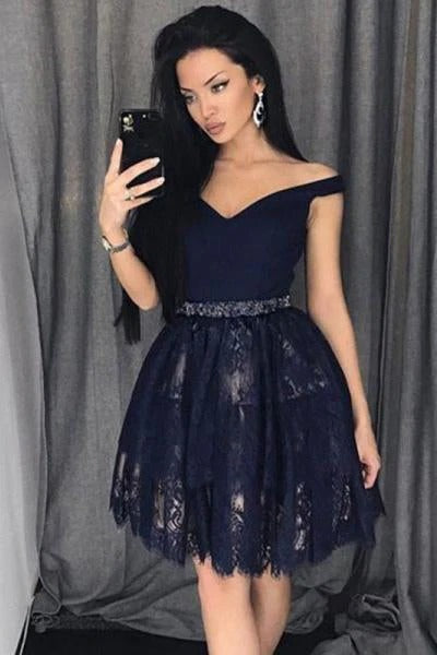 V Neck Navy Blue Straps Beads Lace Homecoming Dresses Short Prom Dresses,BD22021