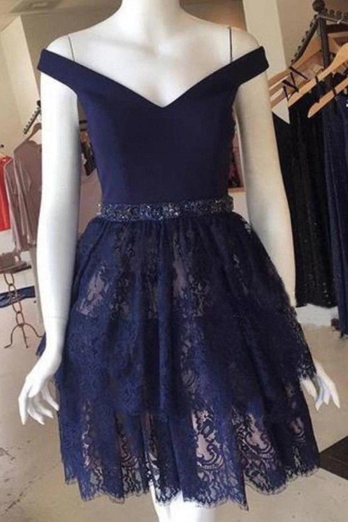 V Neck Navy Blue Straps Beads Lace Homecoming Dresses Short Prom Dresses,BD22021